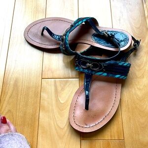 Coach Sammy blue and green canvas navy hardware and patent detail sandals